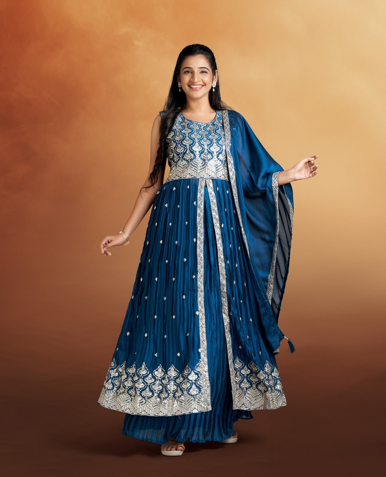 Blue Colour Cynon Silk Maxi in Crush Model with Silver Zari Work