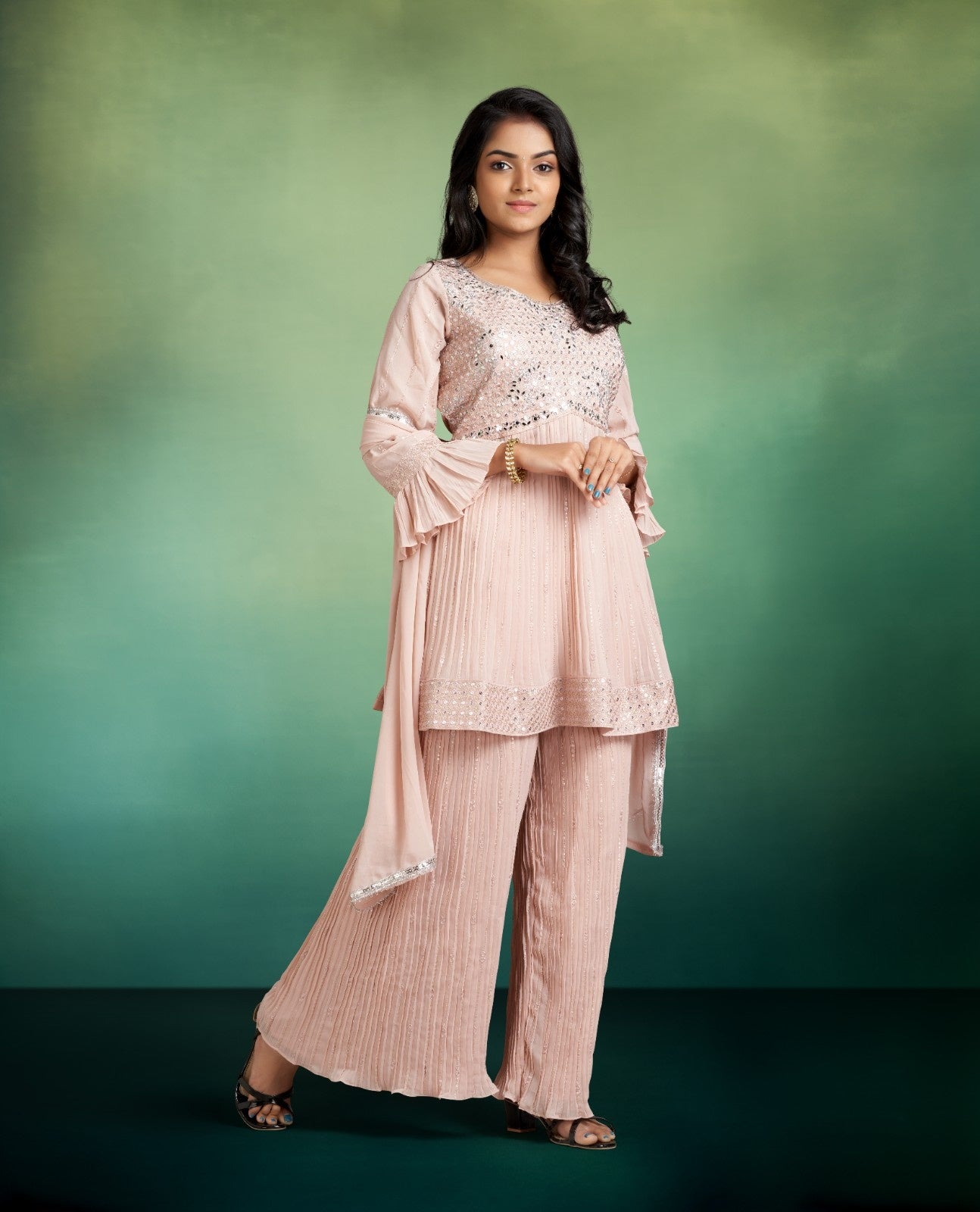 Light Peach Color Sarara Chudi with Neck Design