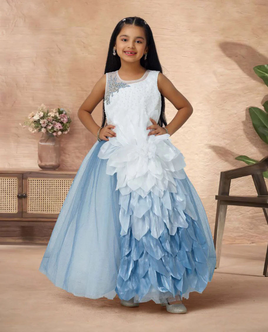 Whimsical White and Blue Party Wear Ballroom Gown