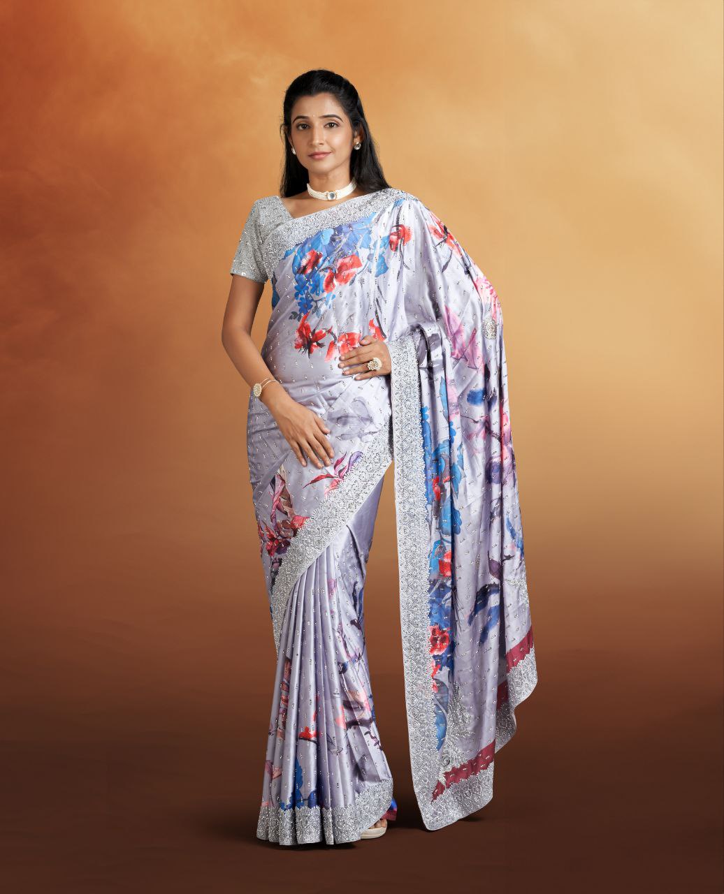 Ash Color Floral Print Saree With Stonework