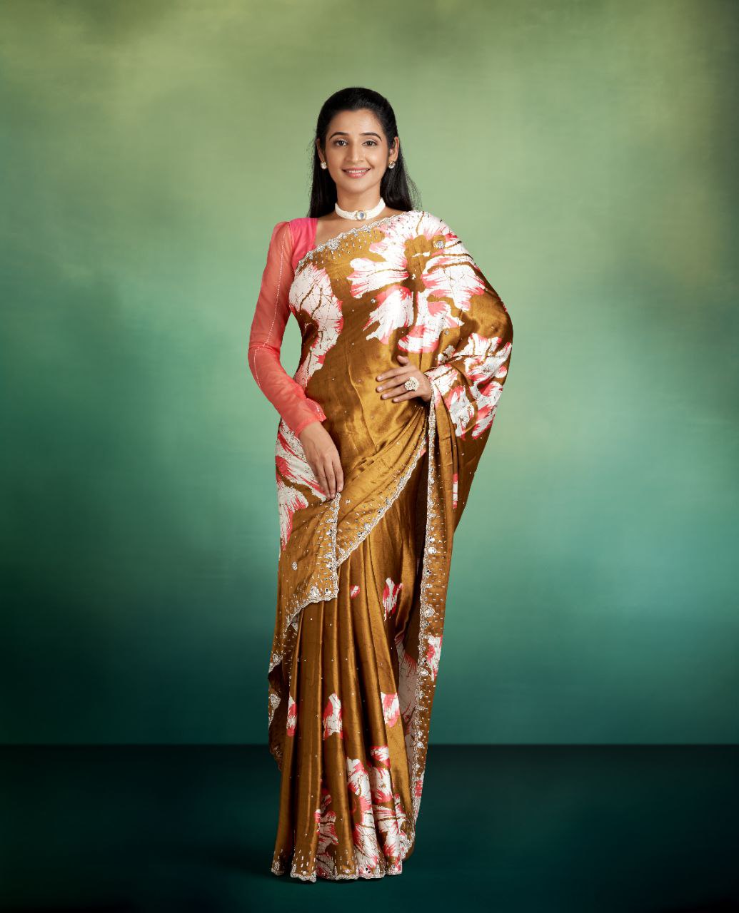 Mustard Color Satin Saree with Floral Design with Stone Border