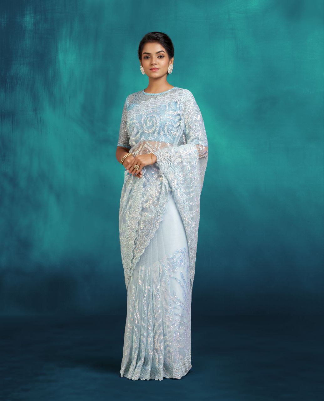 LIGHT BLUE NET SAREE WITH GLITTER WORK