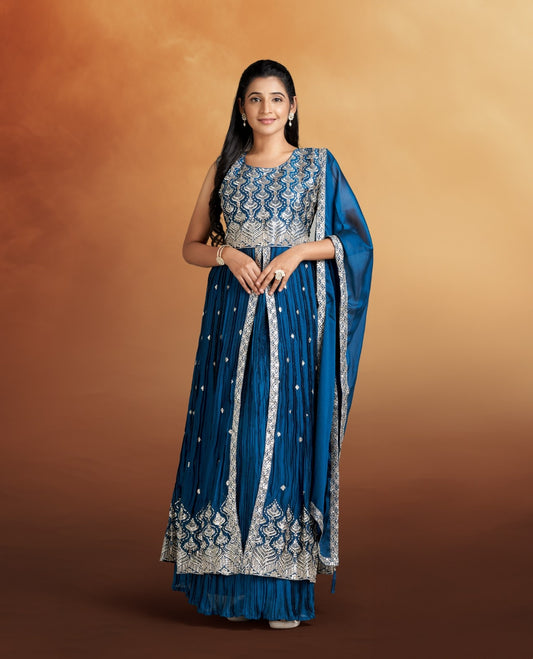 Blue Colour Cynon Silk  Maxi in Crush Model with Silver Zari Work