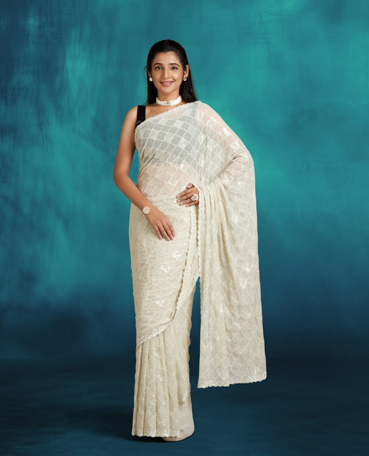 HALF WHITE SHIFFON SAREE WITH SEQUENCE WORK