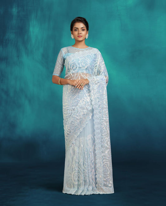 LIGHT BLUE NET SAREE WITH GLITTER WORK