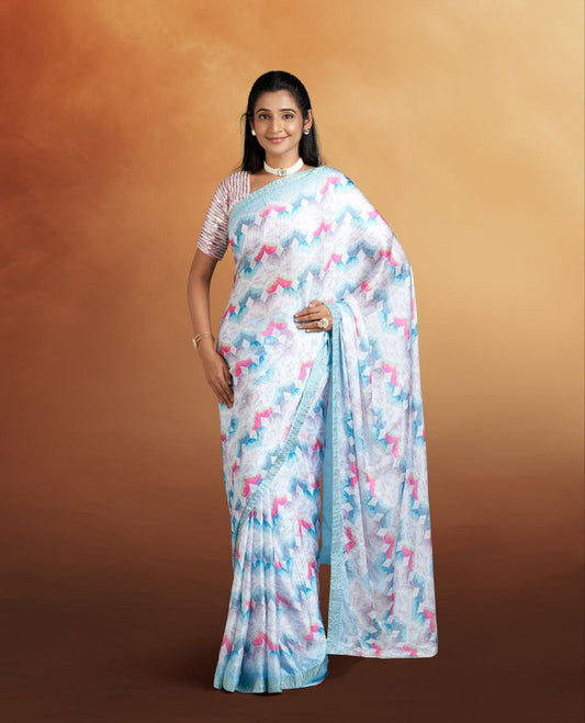 White crush saree with digital print and small work border