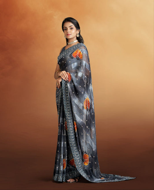Ash Color Georgette Saree with Designs in Contrast Color