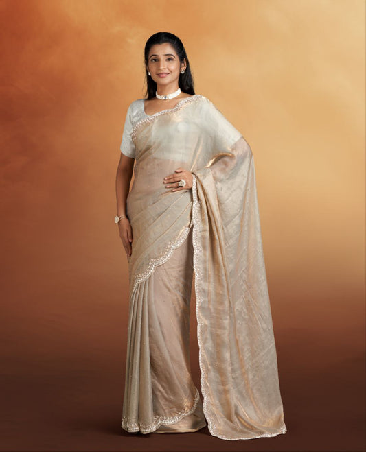 Gold Color Net Light Weight Saree With Cut Work Border