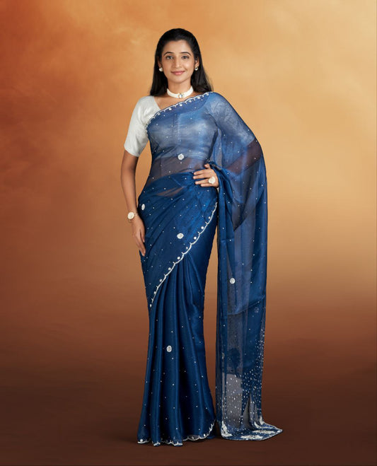 Blue color Net Saree with stonework Border