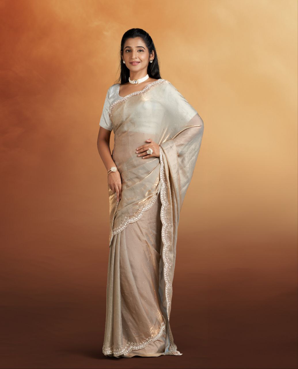 Gold Color Net Light Weight Saree With Cut Work Border
