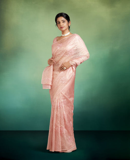 METALLIC PEACH TISUE SAREE WITH SELF EMBROIDED DESIGN