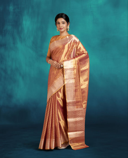 Metallic Orange Tissue Saree with Silver Buttes