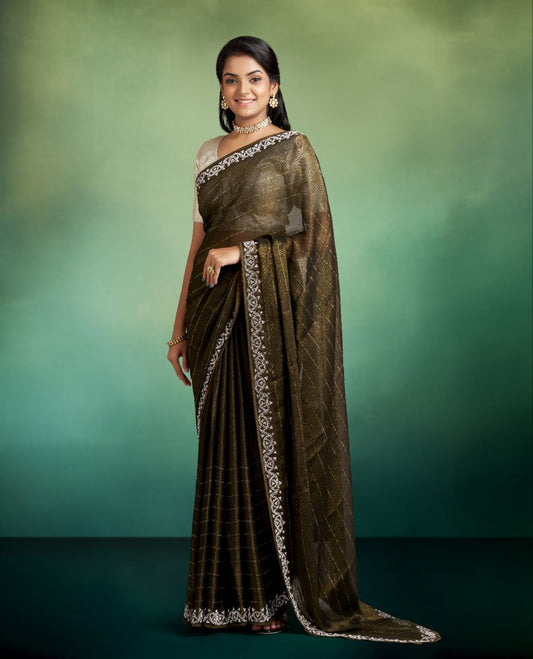 Mahendi Green Color Net Saree with Stonework Border
