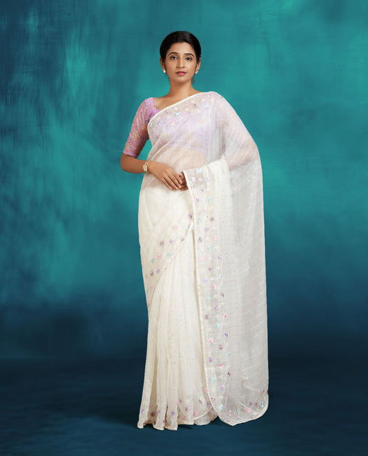 White Kota Saree with Floral Border