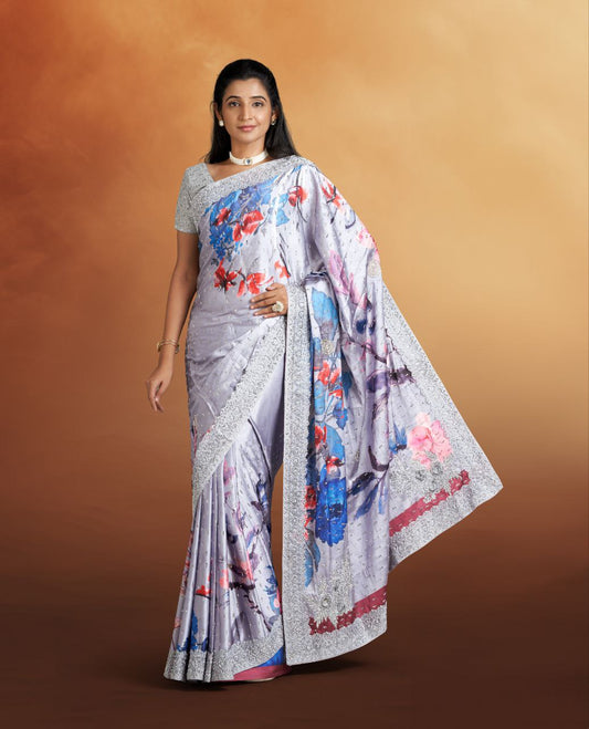 Ash Color Floral Print Saree With Stonework